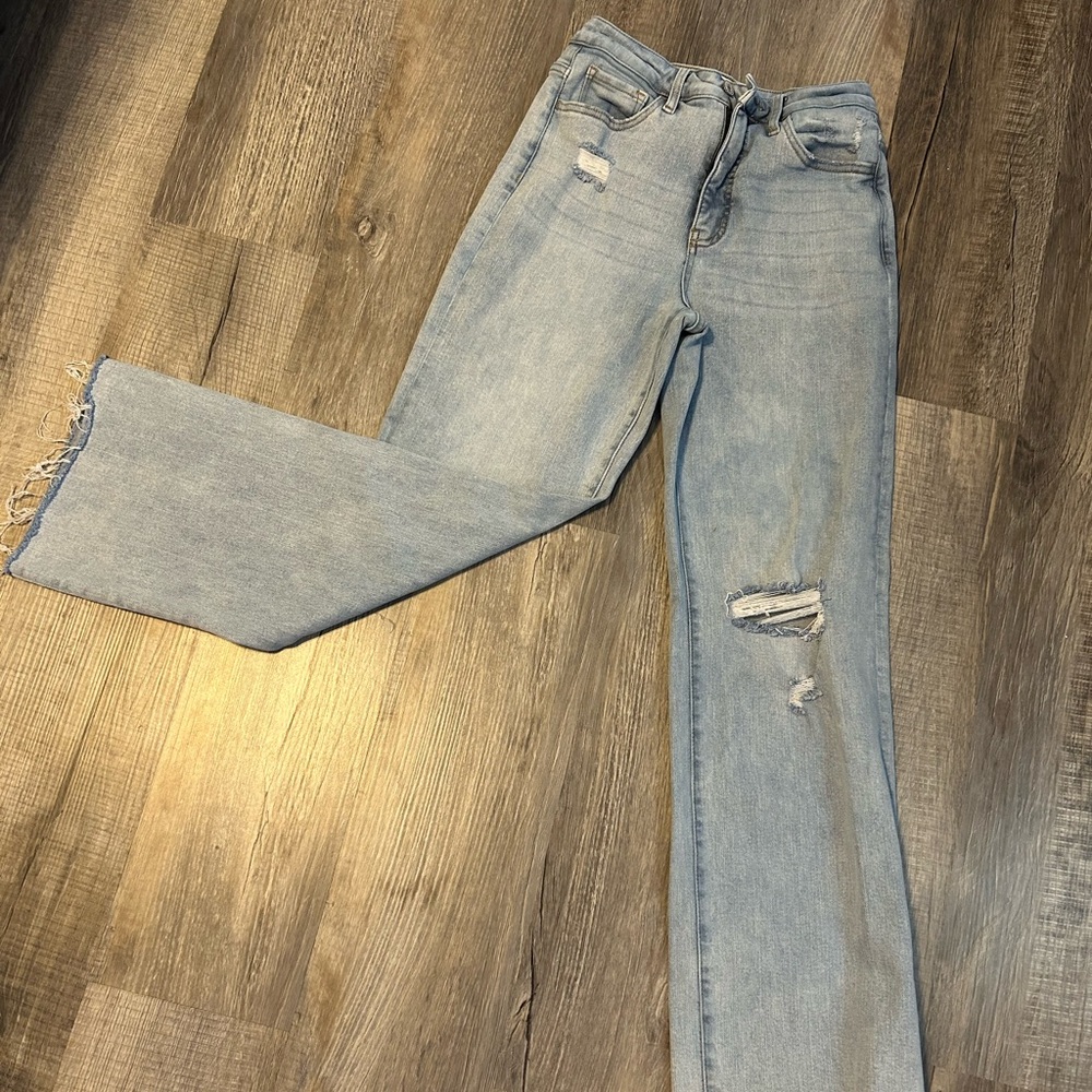 Love Tree Blue Straight Leg Jeans with Vintage Distressing